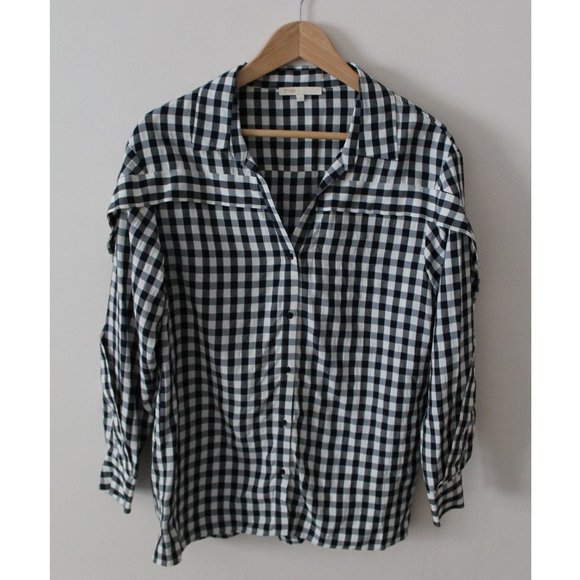Maje Ruffled-Trim Checked Woven Shirt In Carreaux / Size 1 / Small Blouse - Picture 6 of 11